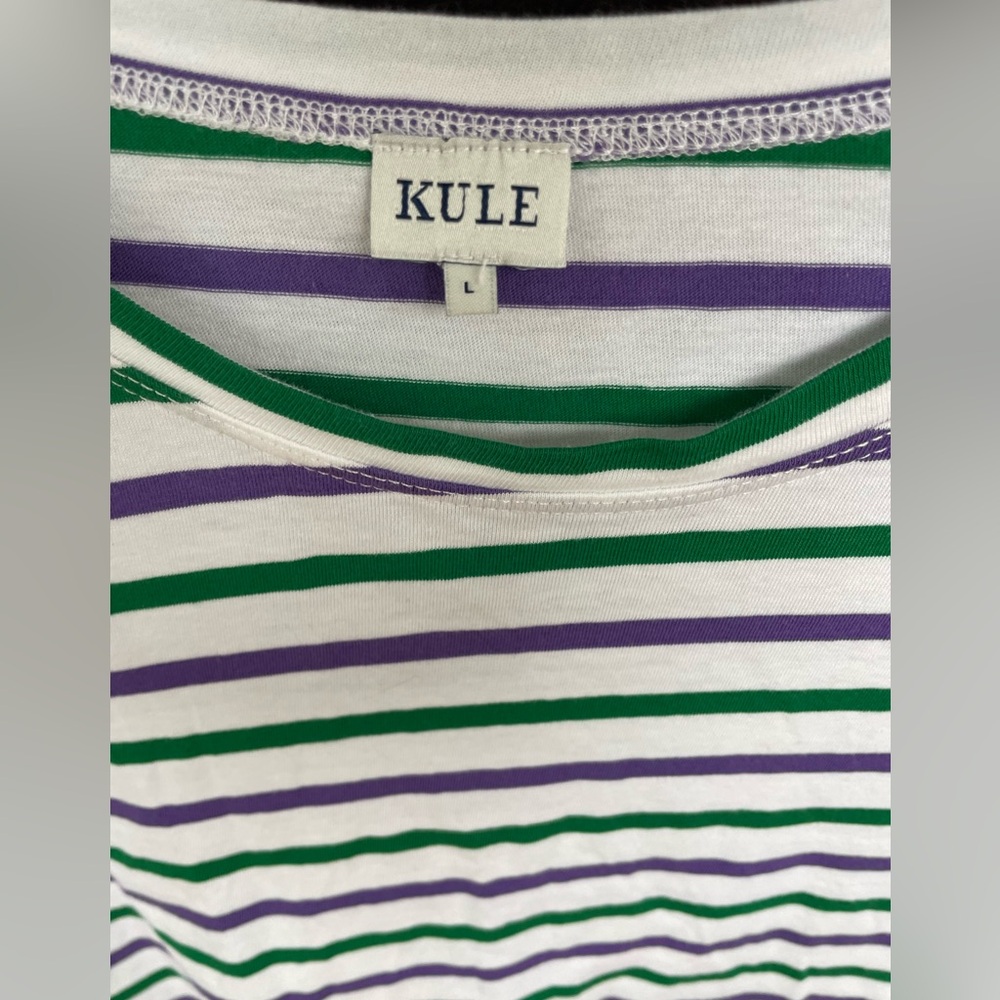 Kule The Modern Long-sleeve Tee. White w/ purple and green stripes. Size Large. - Picture 2 of 5